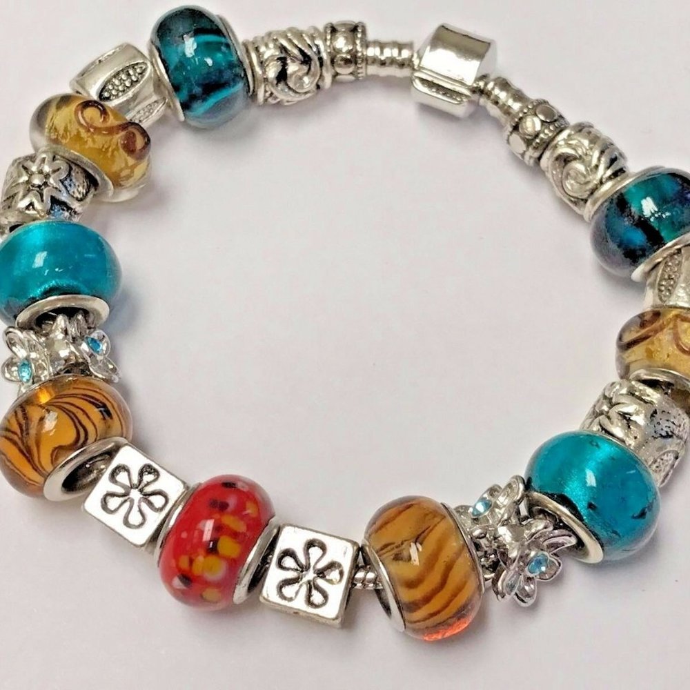 European Style Charm Bracelet with Murano Glass Beads, Snap Clasp Closure, 7.9"